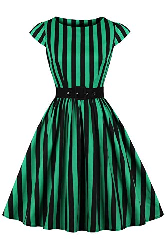 AXOE Damen Retro Kleid Gestreift Grün Schwarz Halloween Cocktailkleid 50er Jahre Knielang mit Gürtel Gr.48