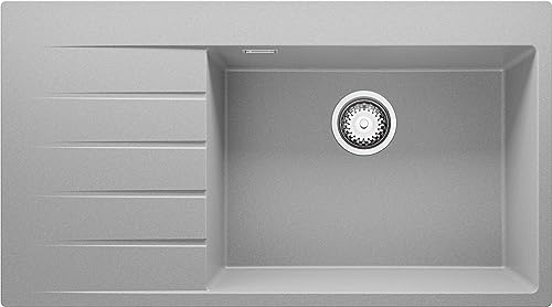 Spülbecken Grau 90x50 cm, Granitspüle 1 Becken + Ablauf-Set, Küchenspüle ab 60er Unterschrank, Einbauspüle von Primagran