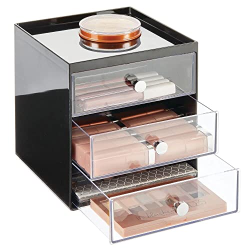 mDesign Make-up Organizer – Schminkaufbewahrung mit 3 Schubladen für Lidschatten, Lippenstift & Co. – Kosmetikbox aus Kunststoff fürs Badezimmer – schwarz/durchsichtig