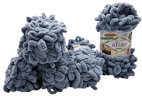 5 x 100 Gramm Strickwolle Alize Puffy, 500 Gramm Fingerstrick - Wolle super bulky, Schlaufenwolle, Stricken ohne Nadel (grau 428)