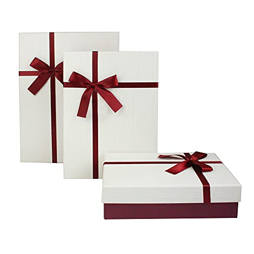 Emartbuy Set von 3 Geschenkbox, Burgunderkiste mit Creme Deckel und Satin Zierband