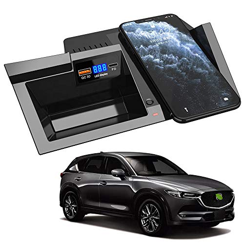 Braveking1 Kabelloses-Ladegerät Auto für Mazda CX5 2017 2018 2019 2020 Center Console-Zubehörfeld, 15W Schnell ladegerät mit QC3.0 USB Port und 18W PD Port für iPhone Samsung Huawei Jedes Qi-Telefon