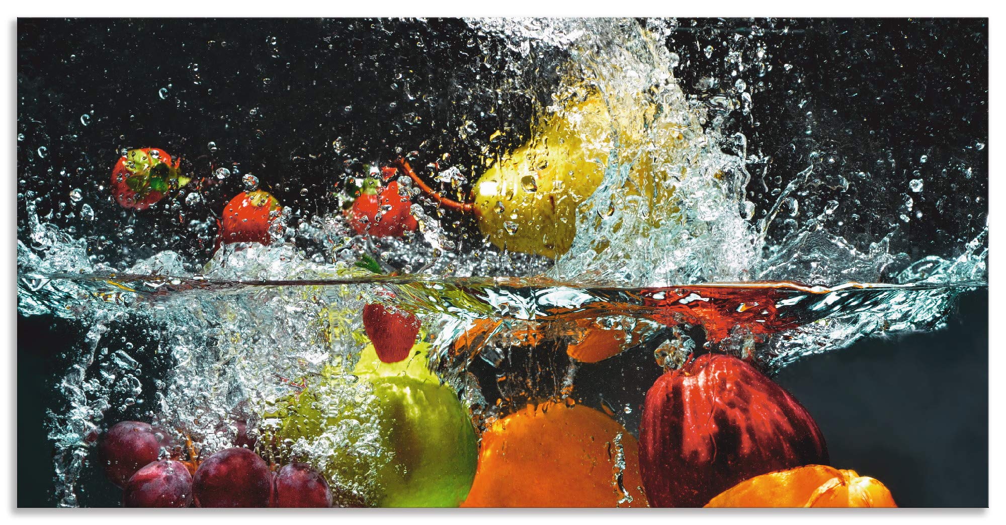 ARTland Spritzschutz Küche aus Alu für Herd Spüle 100x50 cm (BxH) Küchenrückwand mit Motiv Essen Obst Früchte unter Wasser Erbeeren Trauben Orange S6JP