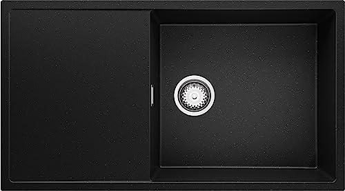 Spülbecken Schwarz Metallic 89x49,5 cm, Granitspüle + Ablauf-Set, Küchenspüle für 60er Unterschrank, Einbauspüle von Primagran