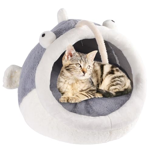 awakentti Katzenhöhle, Katzenbetten für Indoor-Katzen, abnehmbares, halbgeschlossenes kleines Hundebett, Cartoon-Ohr-Design, Haustierbett mit Pompon, für Katzen, Kätzchen, Hunde, Welpen und Kaninchen