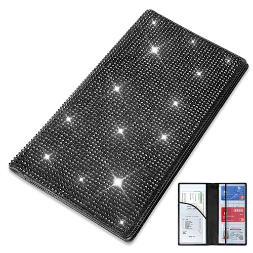 INSAUTO Auto Registrierung und Versicherung Kartenhalter Schwarz Bling Auto Zubehör für Frauen Echtes Leder Diamant Handschuhfach Organizer Dokument Fahrzeugschein