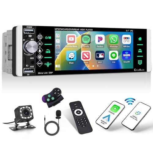 Autoradio 1 Din mit Wireless Apple CarPlay Android Auto, 5,1 Zoll Bildschirm MP5 Multimedia-Player mit Mirror Link Bluetooth FM-Radio SWC AUX-in EQ USB + Rückfahrkamera & Fernsteuerung & MIC