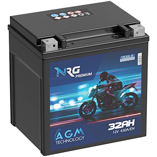 NRG Premium YB30L-B AGM Motorradbatterie 32Ah 12V 430A/EN 53040 HVT-02 YIX30L-BS ersetzt 30Ah 33Ah Batterie auslaufsicher wartungsfrei