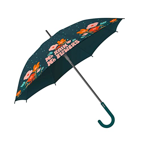 Fisura Großer Regenschirm no rain no flowers - Jugend-Regenschirm mit Blumenmuster - Automatischer Regenschirm mit Druckknopf - robuster Regenschirm - 106 cm Durchmesser, No Rain, Green