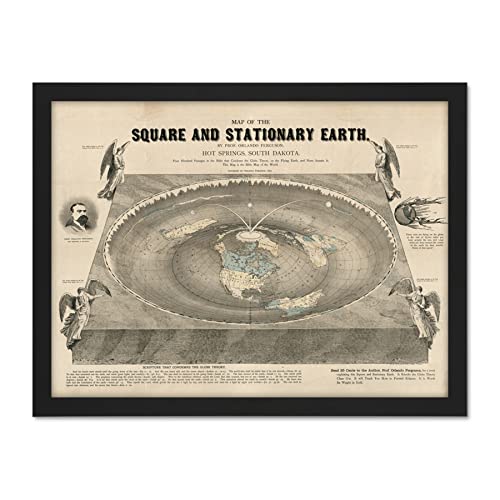 Orlando Ferguson Vintage Map of the Square and Stationary Earth Flat Earth Artwork Framed Wall Art Print 18X24 Inch