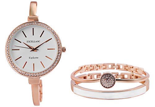 Excellanc Damen-Geschenkset Armbanduhr Armreifen Strass-Stein Metall 1800200 (roségoldfarbig/weiß)