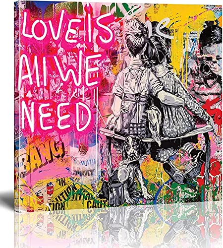 Banksy Bilder Leinwand - Liebe ist alles was wir brauchen - Straße Graffiti-Kunst Leinwand Bilder sind auf Leinwand-Wand-Kunstdruck-Wohnzimmer-Wand-Dekor 65x65cm/26x26inch
