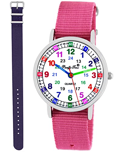 Pacific Time Kinder Armbanduhr Mädchen Lernuhr 2 Wechsel Textilarmband rosa violett analog Quarz 11130