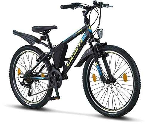 Licorne Bike Guide (Schwarz/Blau/Lime), 24 Zoll Kinderfahrrad, geeignet für 8, 9, 10, 11 Jahre, Shimano 21 Gang-Schaltung, Mountainbike mit Gabelfederung, Jungen-Mädchen-Fahrrad, Beleuchtung, MTB