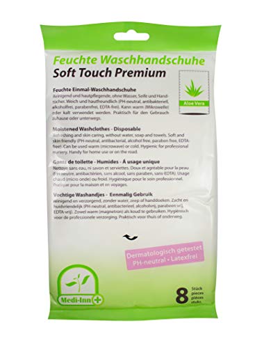 Medi-Inn Feuchte Einmalwaschhandschuhe | Soft Touch Premium Einmalwaschlappen | mit Aloe Vera (12 x 8 = 96 Stück)