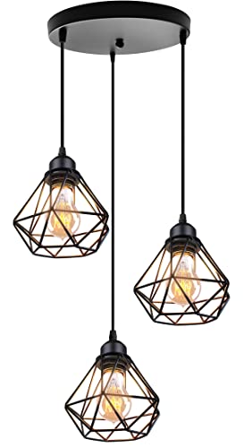 TOKIUS Deckenlampe, 16CM Vintage Deckenleuchte im Industrial Design Retro E27 Lampe aus Eisen Käfig Pendelleuchte Schwarz (Pendellampe 3-flammig, Rondell)