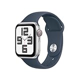 Apple Watch SE (2. Generation, 2023) (GPS + Cellular 40 mm) Smartwatch mit Aluminiumgehäuse in Silber und Sportarmband M/L in Sturmblau. Fitness- und Schlaftracker, Unfallerkennung, Herzfrequenzmesser