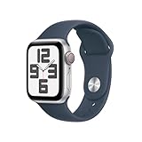 Apple Watch SE (2. Generation, 2023) (GPS + Cellular 40 mm) Smartwatch mit Aluminiumgehäuse in Silber und Sportarmband M/L in Sturmblau. Fitness- und Schlaftracker, Unfallerkennung, Herzfrequenzmesser