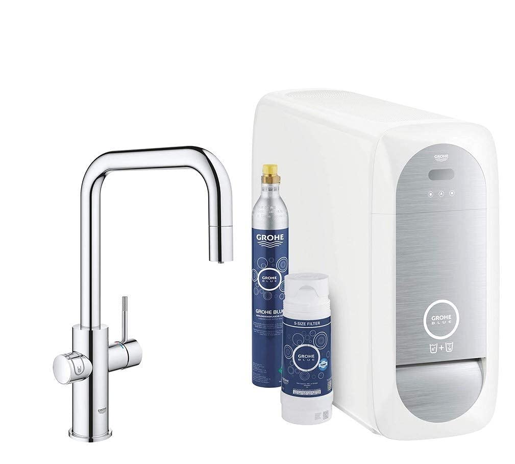 GROHE Blue Home- Starter Kit (U- Auslauf, 3 gefilterte und gekühlte Wasserarten, für GROHE Blue Filter S-Size, herausziehbarer Mousseurauslauf), chrom, 31543000