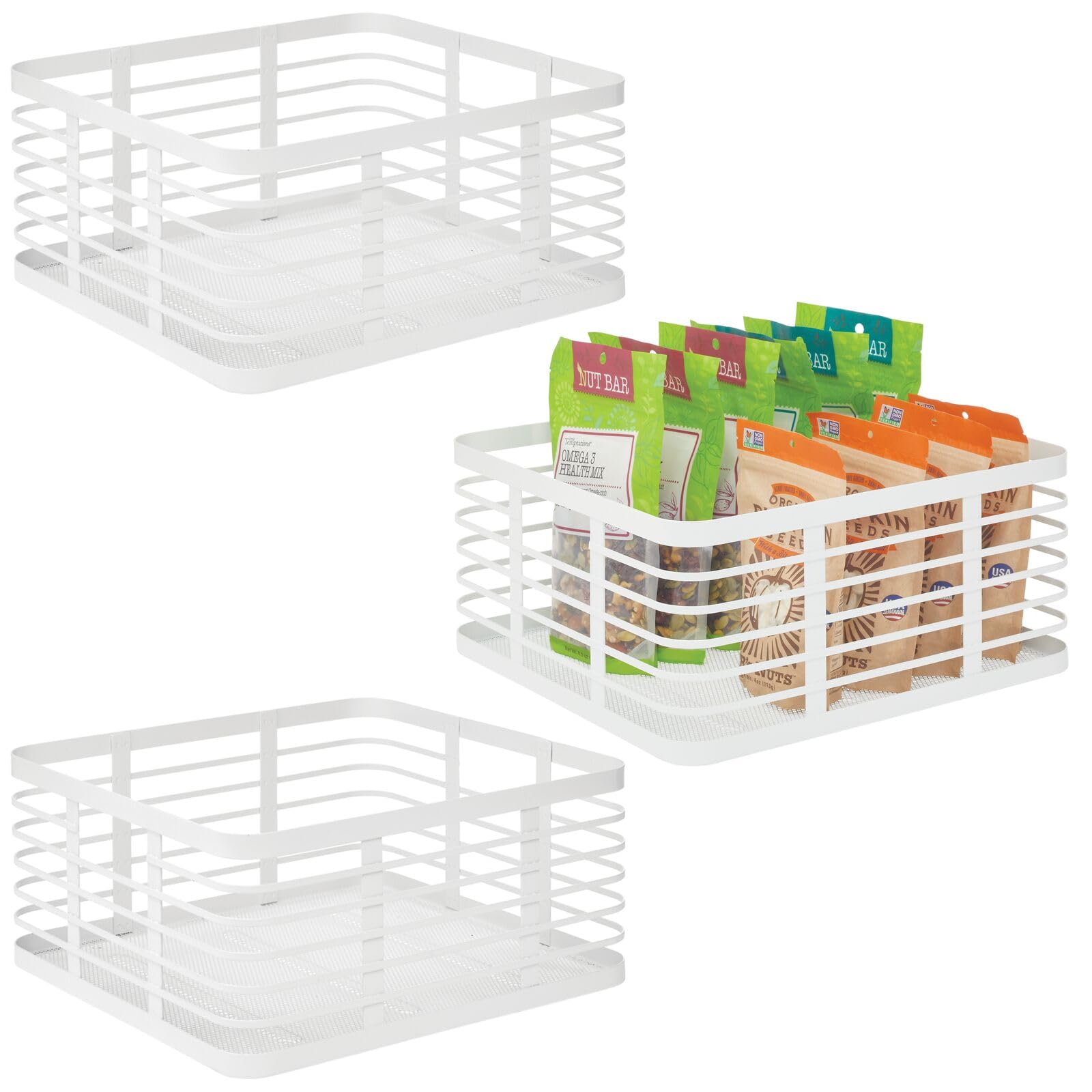 mDesign 3er-Set Allzweckkorb aus Metall – Aufbewahrungskorb für Küche, Vorratskammer, Bad etc. – kompakter und universeller Drahtkorb – weiß
