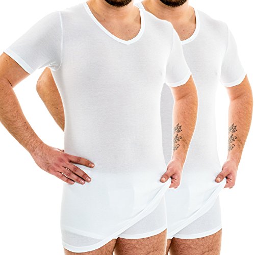 HERMKO 164887 2er Pack Extralanges Herren Shirt mit V-Ausschnitt aus Baumwolle/Modal (+10 cm) Unterhemd, Größe:D 12 = EU 6XL, Farbe:weiß