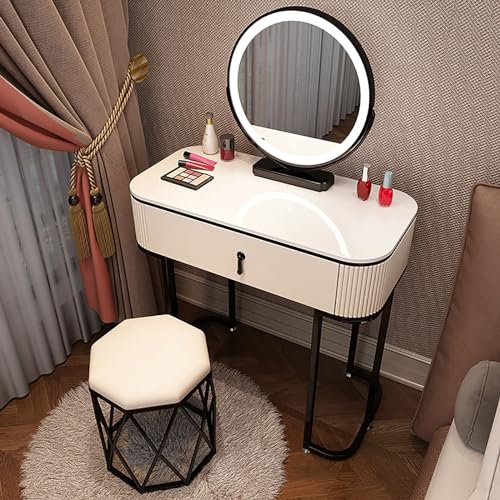 Schminktisch mit Spiegel, Dressing Table mit 3 Farbbeleuchtungsmodi, Schmink Tisch mit Schublade, für Schlafzimmer, Frauen, Teenager-Mädchen ​ ( Color : Black+White+Round Chair , Size : 23.6in/60cm )