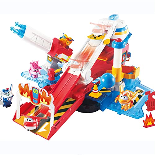 Super Wings Missions Team Spielset, Feuerwehrauto Sparky mit Jett Figur Spielzeug für 3+ jährige Jungen Mädchen，Transformations-Spielset mit Licht & Sound Effekten, Vorschul-Geburtstagsgeschenke