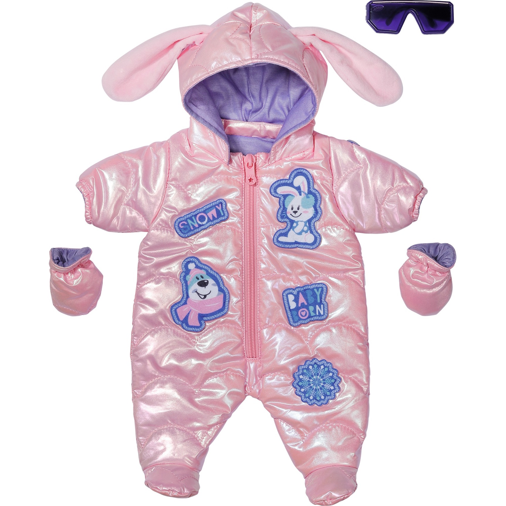 Zapf Creation, Baby Born Deluxe Schneeanzug 43cm, Skianzug für 43 cm große Puppen in metallic rosa mit Handschuhen und Sonnenbrille, 834190