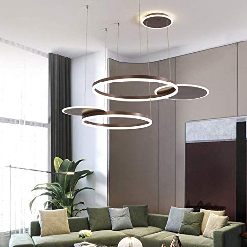 Moderne LED Pendelleuchte Kronleuchter Wohnzimmer Dimmbar mit Fernbedienung Kreativ Pendellampe Rund 5 Ringe Hängeleuchte Metall Acryl Hängelampe Esszimmer Lampe Wohnzimmer Leuchte 80W (B-braun)