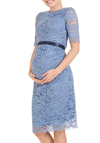 Herzmutter Umstandskleid festlich - Elegant-Knielang-Kurzarm - Schwangerschaftskleid mit Spitze - Brautkleid - für Anlässe-Hochzeit-Feier - Creme-Champagner-Blau-Rot-Rosé - 6200 (XXL, Grau-Blau)