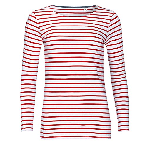 Sols Damen Marine T-Shirt, gestreift, langärmlig (M) (Weiß/Rot)