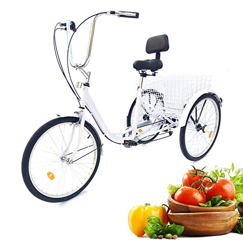 KOLHGNSE Dreirad für Erwachsene, 24 Zoll Erwachsene Dreirad 3-Rad 6 Gang Senioren Fahrrad Trike Cruise mit Einkaufskorb für Sport im Freien, Einkaufen (Weiß)