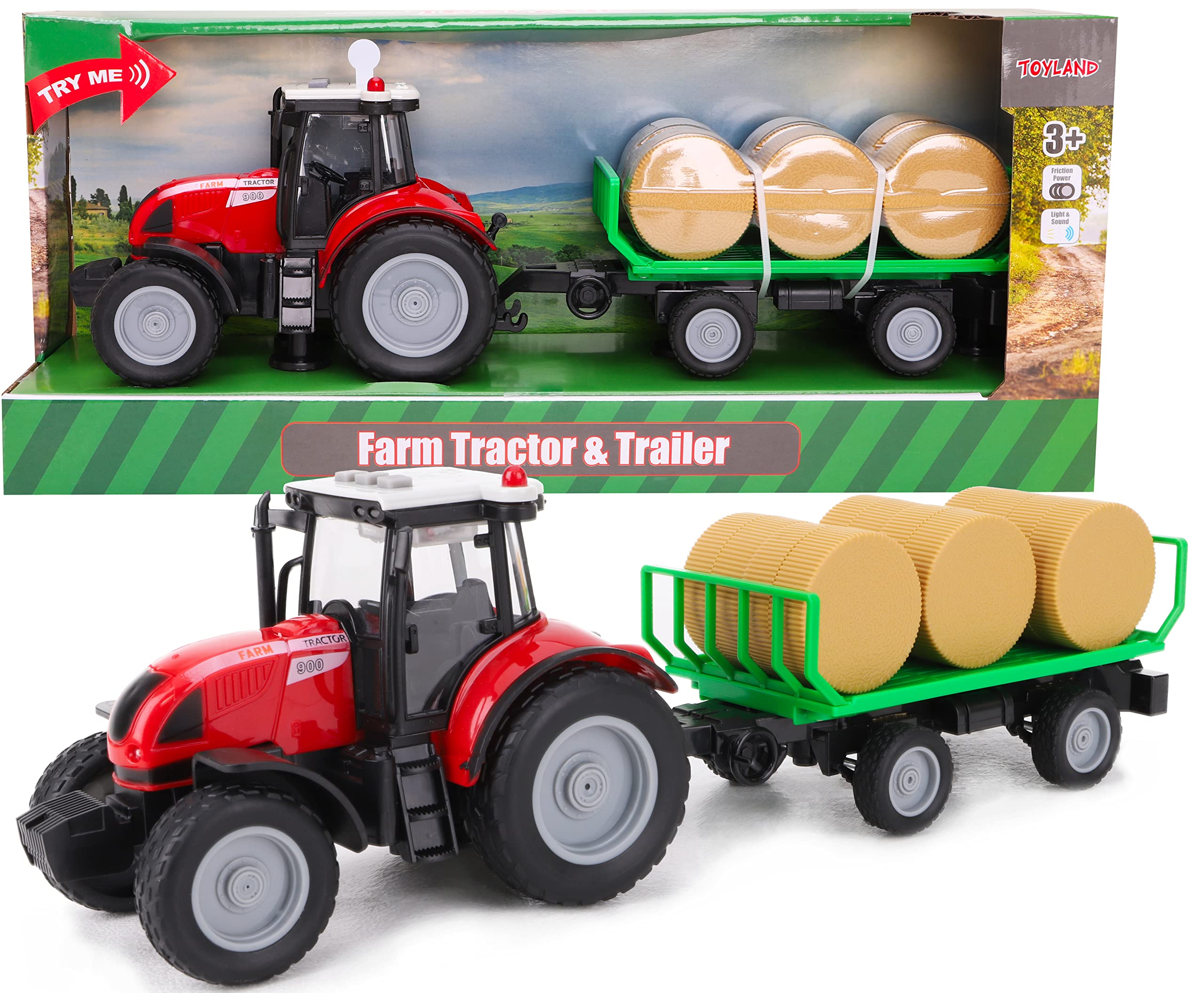 Toyland® 38cm Red Tractor & Bale Trailer mit Lichtern & Sound - Farmspielzeug…