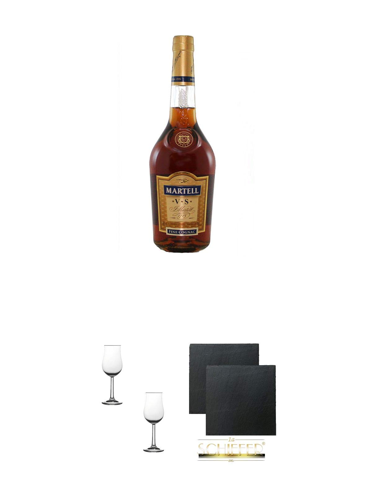 Martell VS Fine de Cognac Frankreich 0,7 Liter + Nosing Gläser Kelchglas Bugatti mit Eichstrich 2cl und 4cl - 2 Stück + Schiefer Glasuntersetzer eckig ca. 9,5 cm Ø 2 Stück