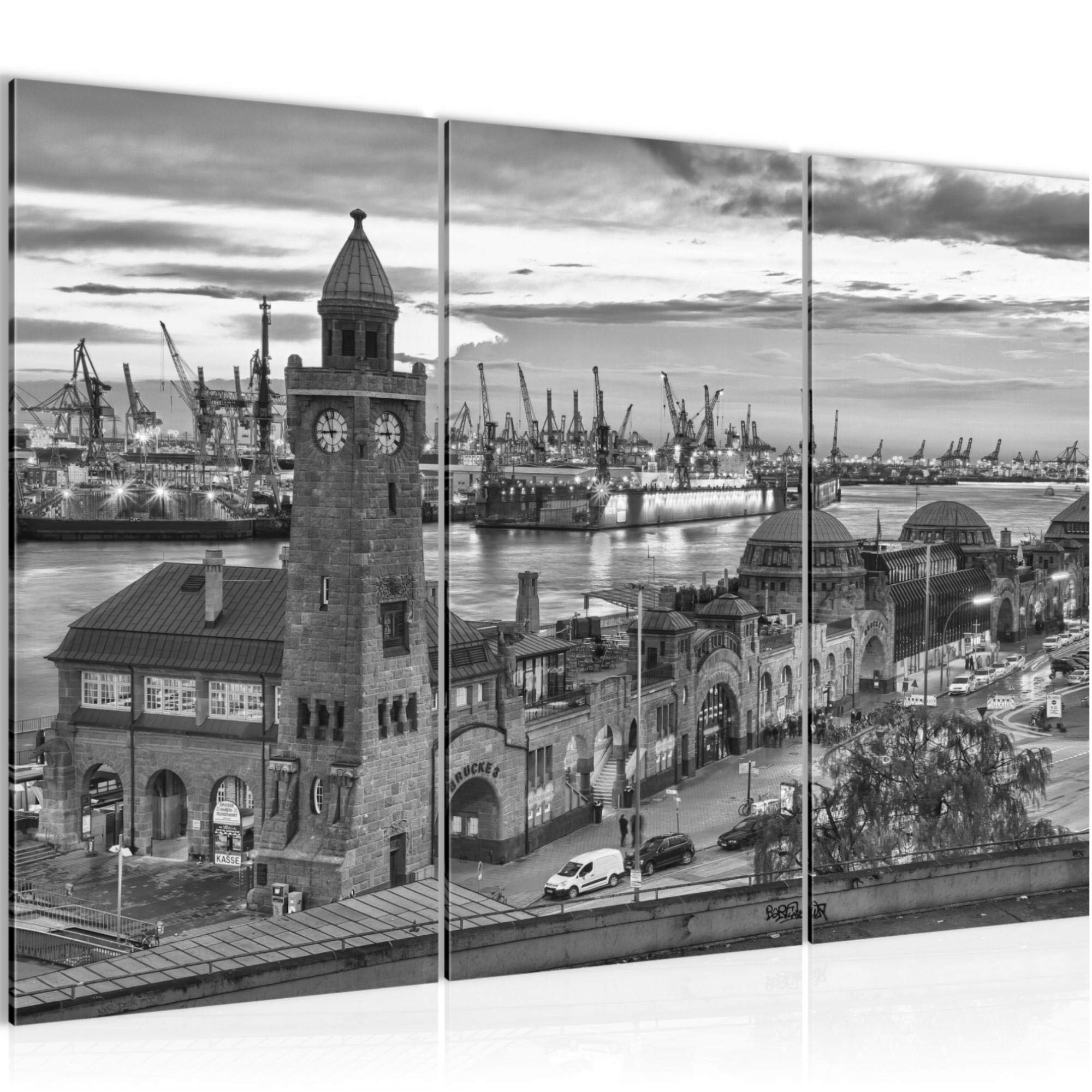 Runa Art Wandbilder Hamburg Bild XXL Wohnzimmer Schlafzimmer Schwarz Weiss Hafen 120 x 80 cm 3 Teilig 603031c