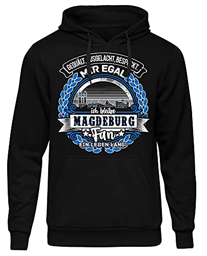 Uglyshirt87 EIN Leben lang Magdeburg Herren Kapuzenpullover | Stadt - Magdeburg Skyline - Fussball - Sport - Magdeburg Pullover - Ultras - Hoodie | Schwarz (M)