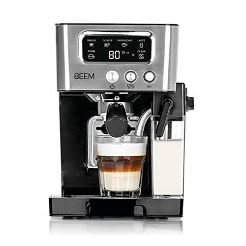 BEEM ESPRESSO-LATTE Siebträgermaschine -15 bar | Kaffeespezialitäten auf Knopfdruck – wie vom Barista | Mit 0,4 L Milch- & 1,4 L Wassertank | Milchschaumkonsistenz individuell wählbar [Schwarz-Silber]