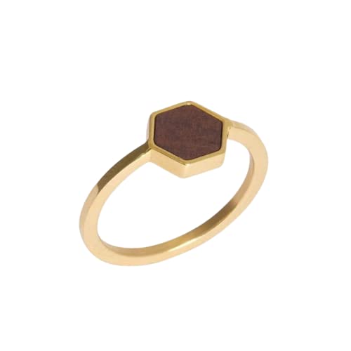 Kerbholz - Holzschmuck Damen - Hexa Ring Gold - dünner Damen Schmuck Ring in gold - Edelstahlring mit echtem Holz - Schmuck Geschenk für Frauen(Gold, S)