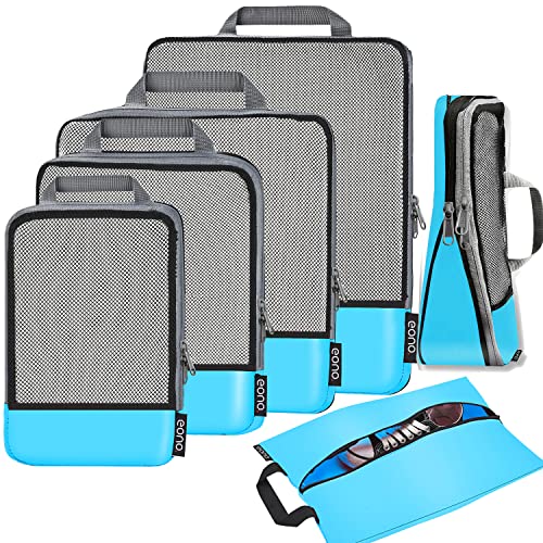 Amazon Brand - Eono Komprimierbaren Packwürfeln zur Organisation Ihres Reisegepäcks, Compression Packing Cube, Packtaschen Set und Gepäck Organizer für Rucksack und Koffer - Blau, 6-teilig