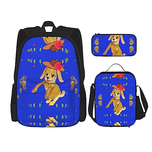 Rucksack mit tanzendem Cartoon-Hunde-Motiv, 3-teilig, Schulranzen mit Brotdose und Federmäppchen, geeignet für Jungen und Mädchen, Schwarz , Einheitsgröße, Kinderrucksack