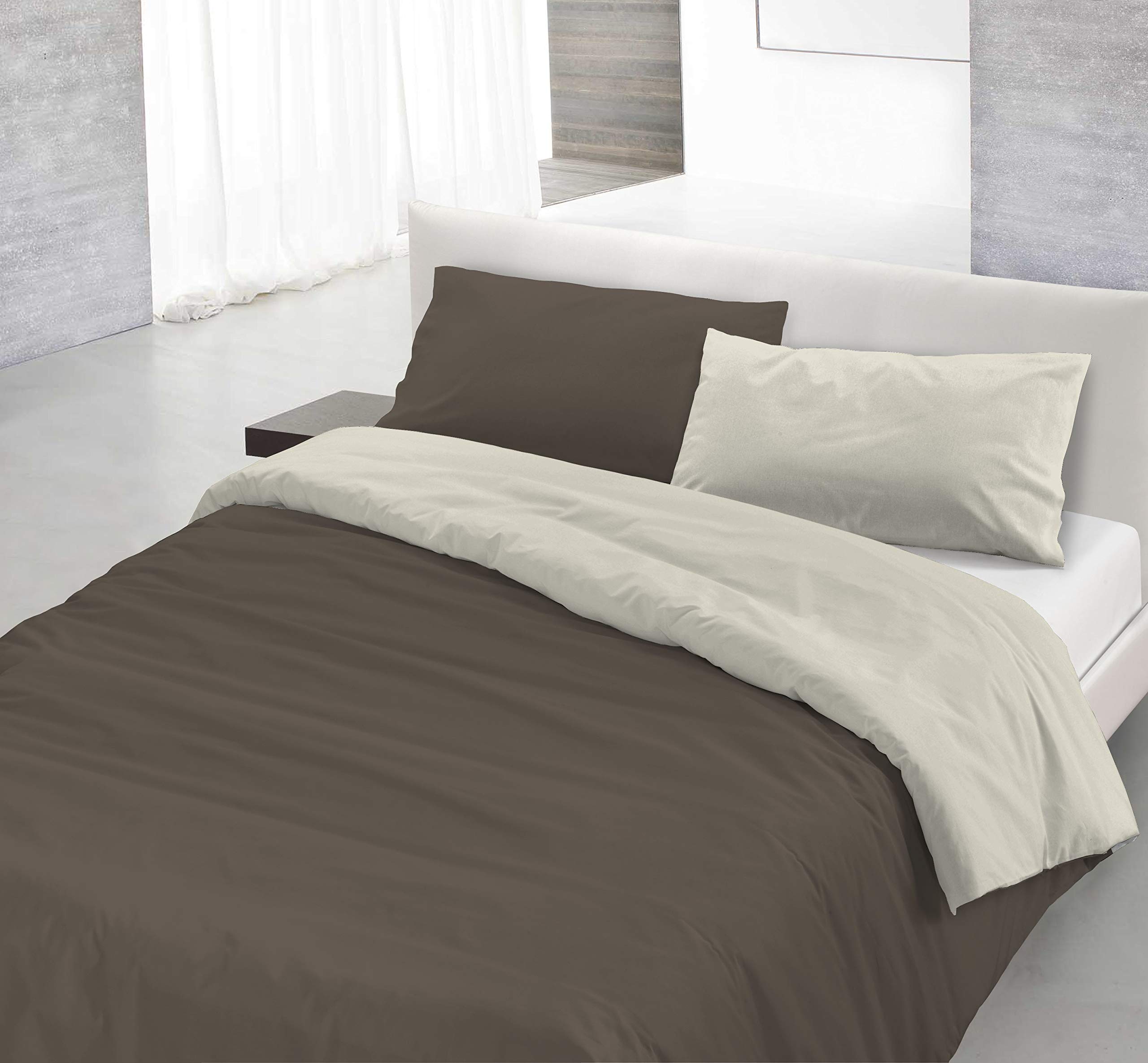 Italian Bed Linen Natürliches Bettbezug-Set mit Tasche und Kissenbezügen, 100% Baumwolle, Braun/Creme, Doppelbett, 3 Einheiten