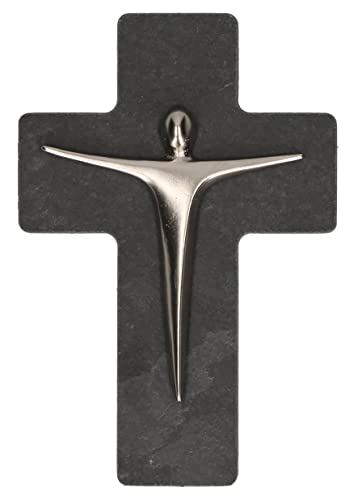 Butzon & Bercker Schieferkreuz mit Korpus aus Feinmetall, Kruzifix aus Schiefer mit Korpus Christi in Silber