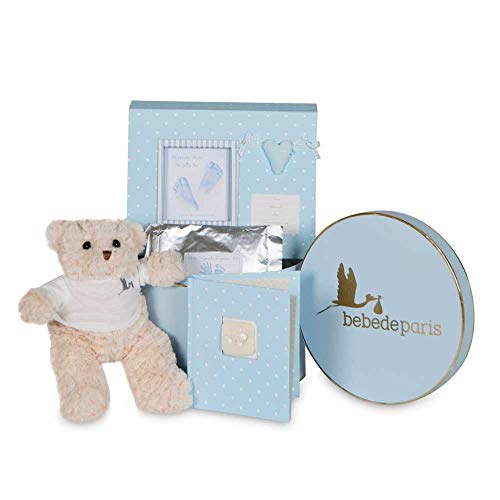 BebeDeParis | Originelle Geschenke für Neugeborene | Babywanne Happy Erinnerungen | Set mit Herz-Fingerabdrücken | 3-6 Monate (blau)