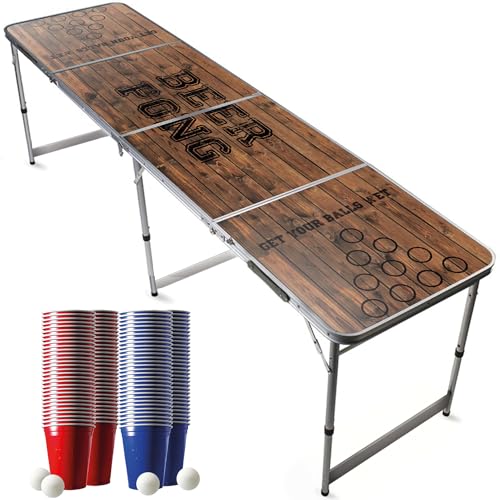 Offizieller Old School Beer Pong Tisch Set | Beer Pong Full Pack | Inkl. 1 Beer Pong Tisch + 120 Becher 53cl (60 Rot & 60 Blau) + 6 Ping-Pong-Bälle | Premium Qualität | Partyspiele | Trinkspiele