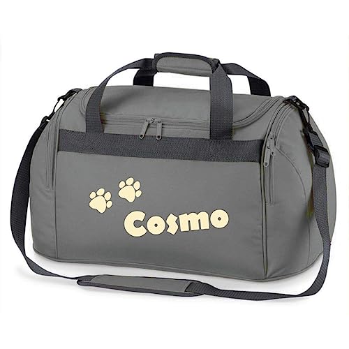 minimutz Sporttasche mit Pfoten | Personalisiert mit Namen | Sporttasche für Tierliebhaber Kinder | Hundetasche für die Tierpension | Reisetasche und Urlaubs-Tasche für Tiere (grau)