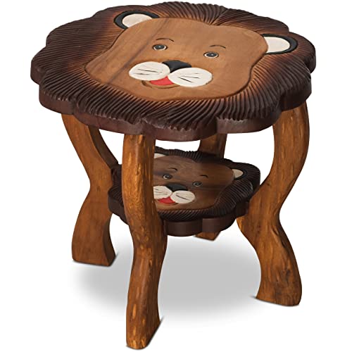 livasia Massivholz Kindertisch, rund, Massivholztisch Akazienholz Verspieltes Tiermotiv Basteltisch Spieltisch Wilde Tiere Safari Zoo Afrika (Löwe)