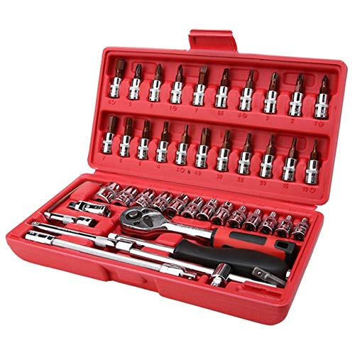 FJROnline Steckschlüssel-Set mit Bits, 46-teiliges Schraubendreher-Werkzeug, Steckschlüssel-Set, Fahrrad-Werkzeug und Aufbewahrungskoffer, rot, 60*90CM