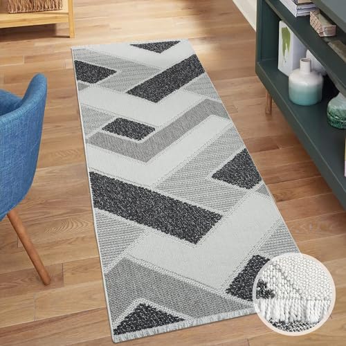 carpet city Teppich-Läufer Kurzflor Flur - Grau - 80x300 cm - Teppiche Fransen Boho-Style - Geometrisches Muster - Schlafzimmer, Wohnzimmer