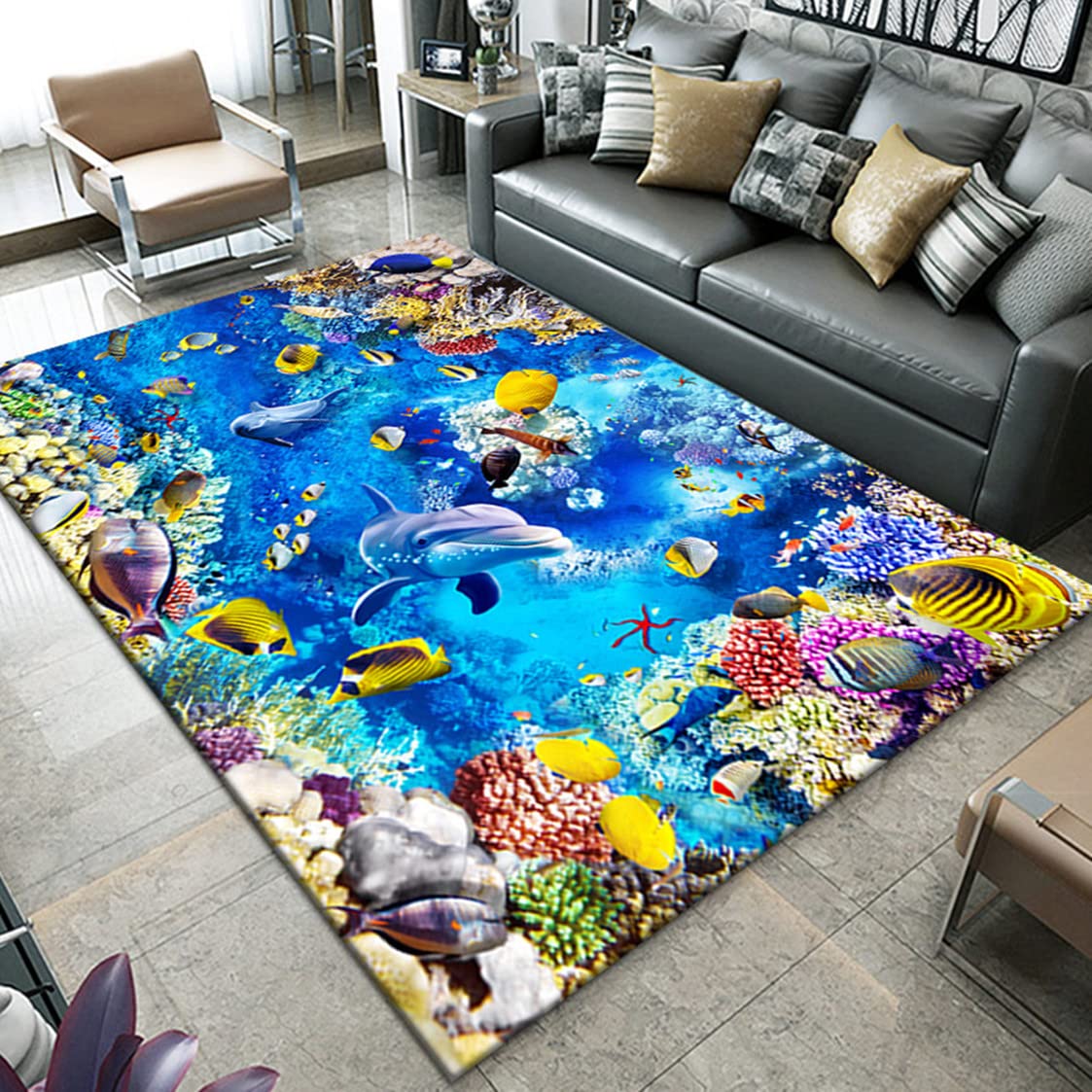 Unterwasserwelt 3D-Ozean Teppich Fisch Koralle Delfin Haus Dekoration Wohnzimmer Schlafzimmer Badezimmer Rutschfester Rug Eingangstürmatte Ocean World Kinderkrabbel Carpet (160X200 cm, Muster 1)