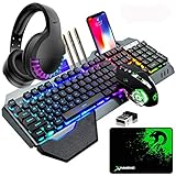 Kabellose Gaming-Tastatur & Maus & Headset Set,4 in 1,16 RGB Hintergrundbeleuchtung wiederaufladbare Tastatur mit Handballenauflage,7 Gaming-Maus mit Hintergrundbeleuchtung & RGB Bluetooth-Kopfhörer
